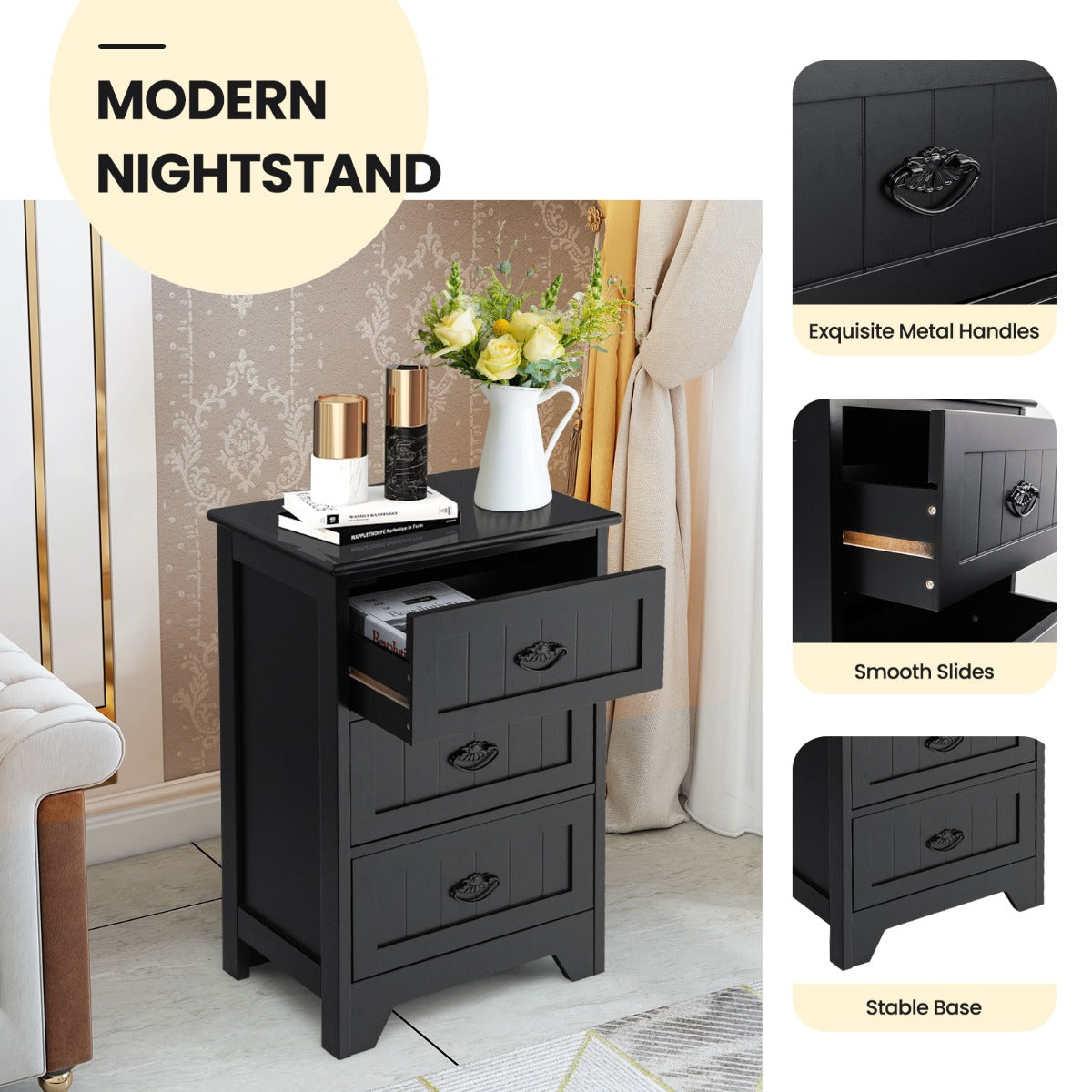 3-Drawer Vintage Bedside Table with Metal Handles &amp;amp;amp; Anti-toppling Device-Black