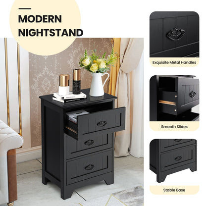 3-Drawer Vintage Bedside Table with Metal Handles &amp;amp;amp; Anti-toppling Device-Black