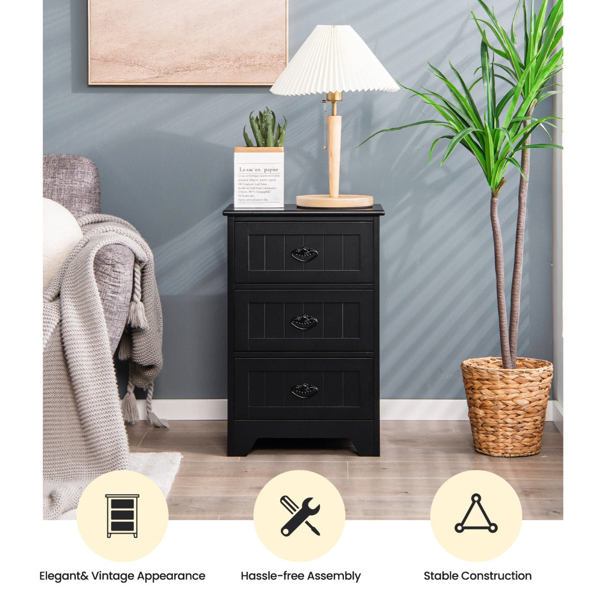3-Drawer Vintage Bedside Table with Metal Handles &amp;amp;amp; Anti-toppling Device-Black