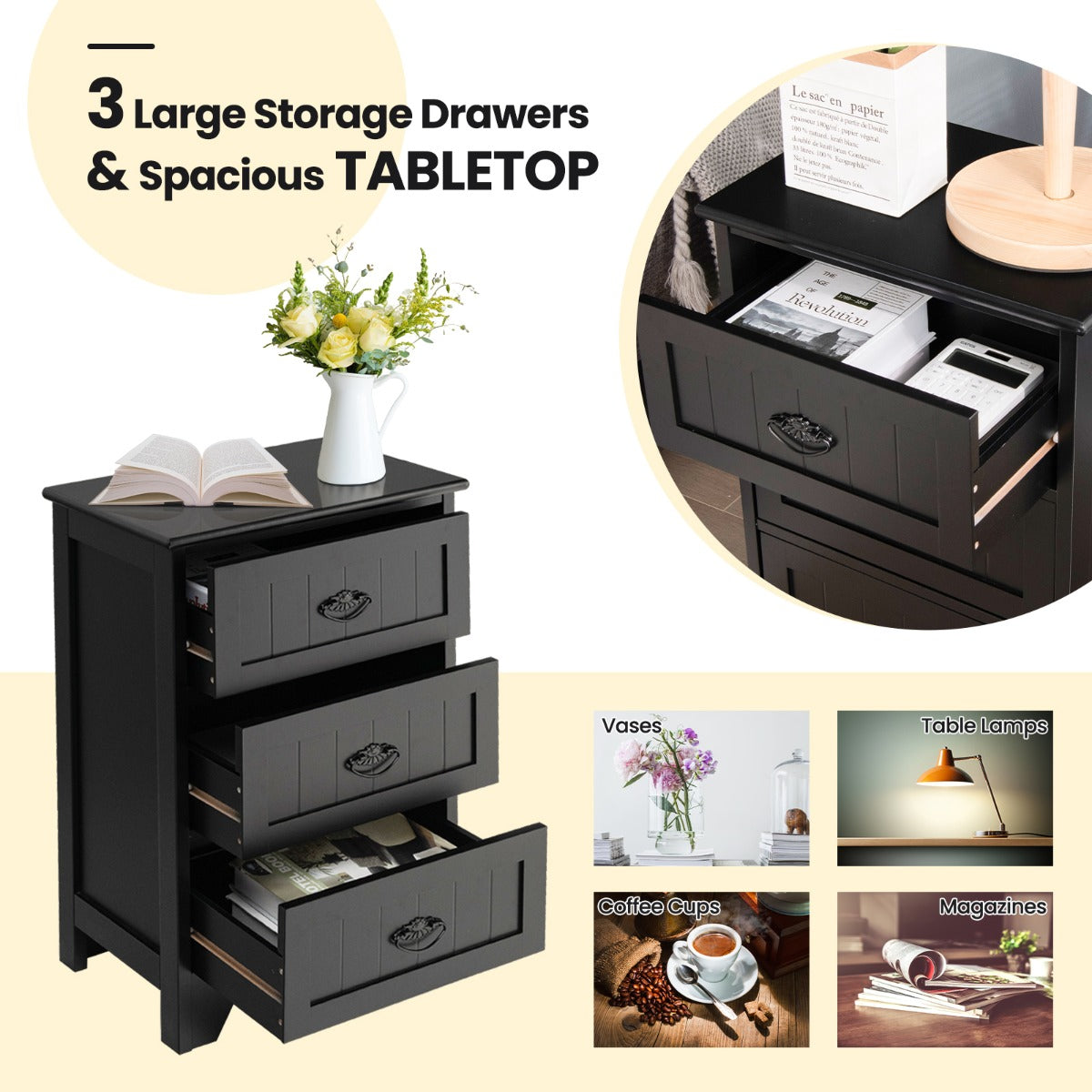3-Drawer Vintage Bedside Table with Metal Handles &amp;amp;amp; Anti-toppling Device-Black