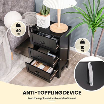 3-Drawer Vintage Bedside Table with Metal Handles &amp;amp;amp; Anti-toppling Device-Black