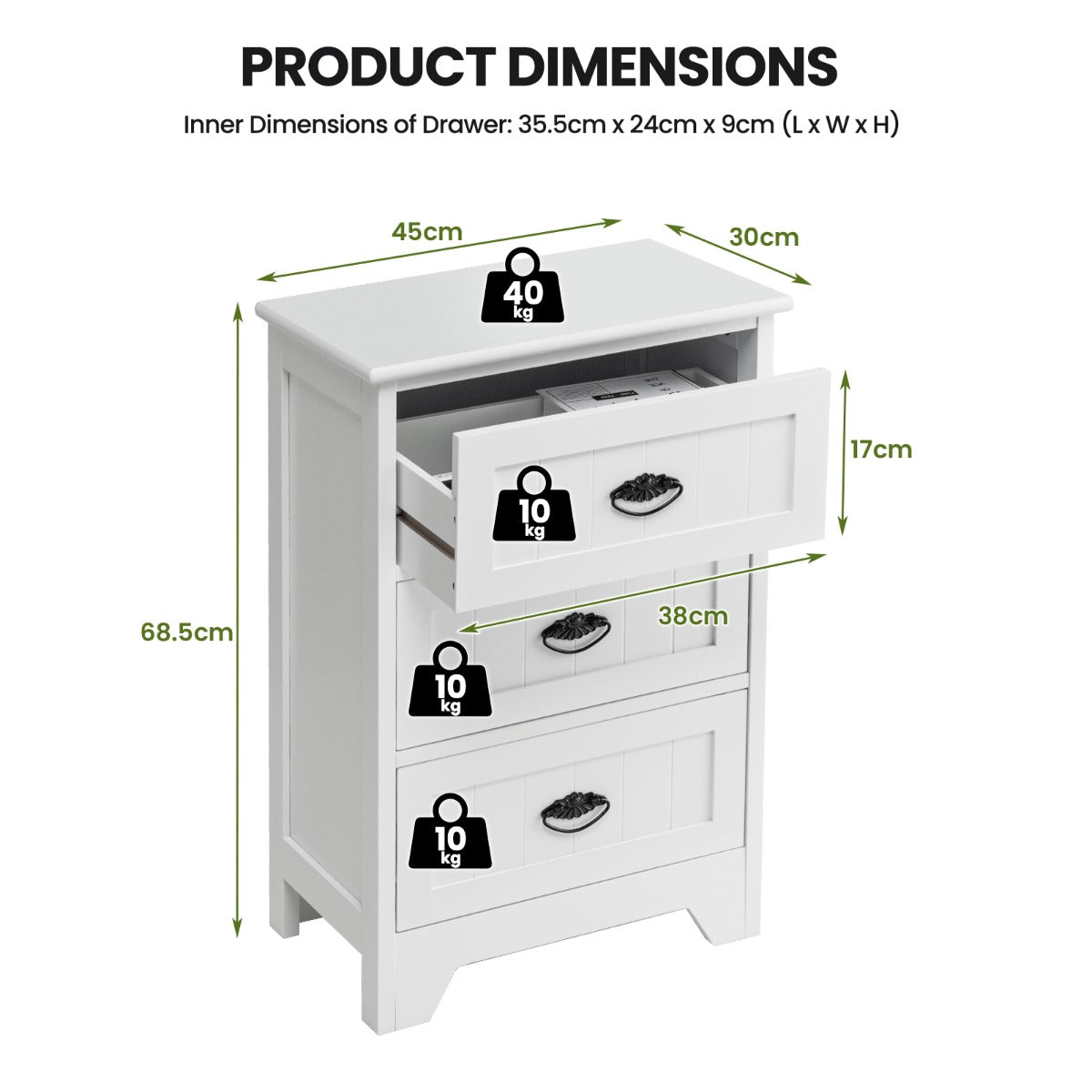 3-Drawer Vintage Bedside Table with Metal Handles &amp;amp;amp; Anti-toppling Device-White