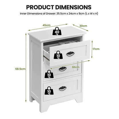 3-Drawer Vintage Bedside Table with Metal Handles &amp;amp;amp; Anti-toppling Device-White