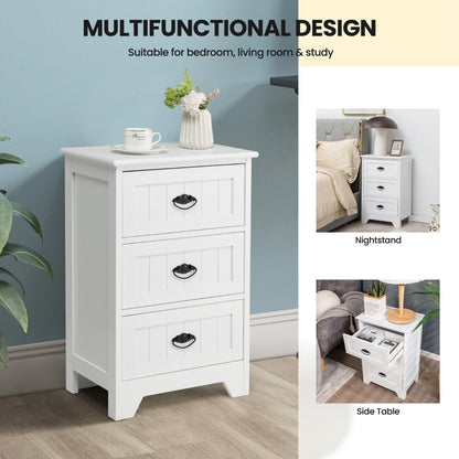 3-Drawer Vintage Bedside Table with Metal Handles &amp;amp;amp; Anti-toppling Device-White