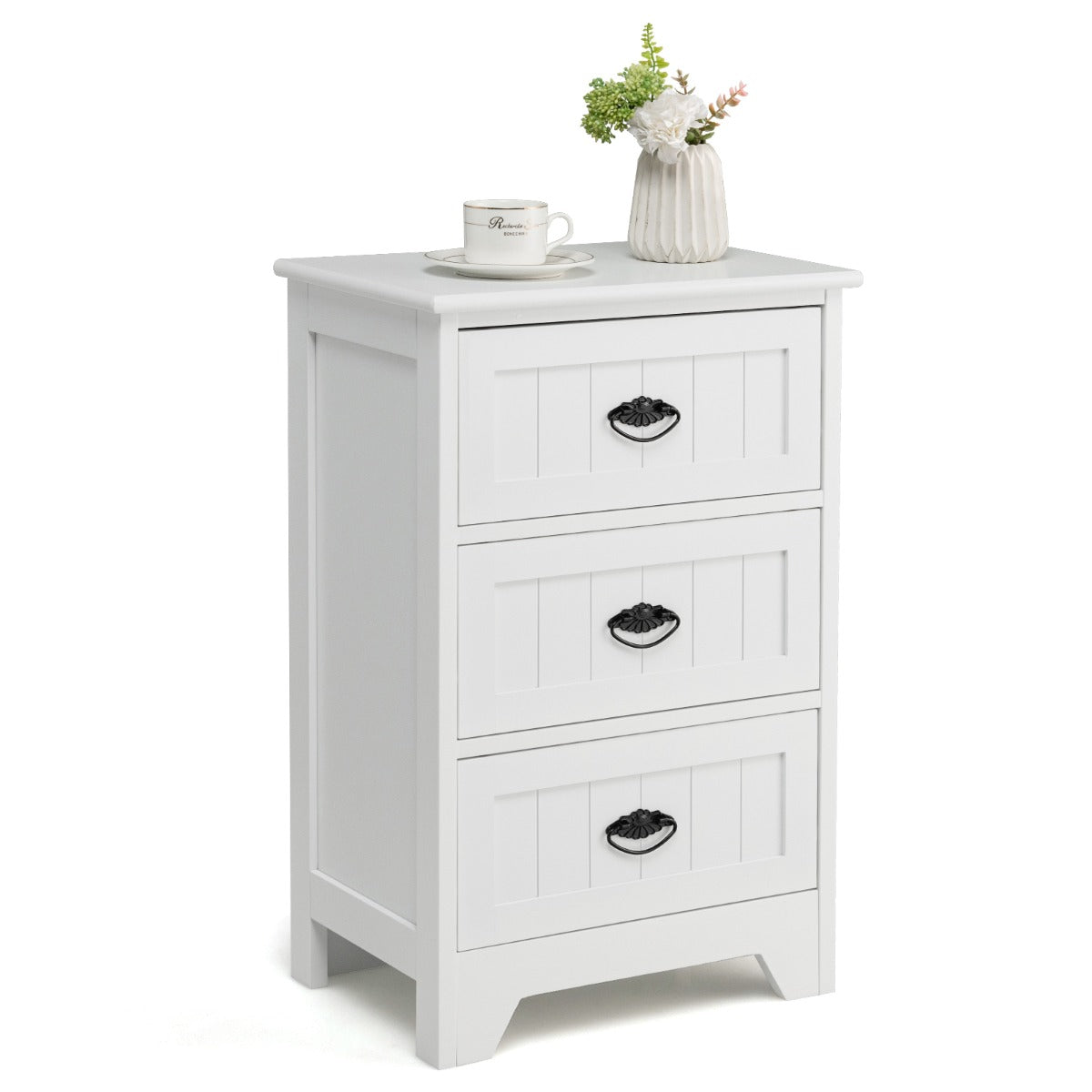 3-Drawer Vintage Bedside Table with Metal Handles &amp;amp;amp; Anti-toppling Device-White