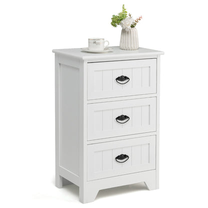 3-Drawer Vintage Bedside Table with Metal Handles &amp;amp;amp; Anti-toppling Device-White