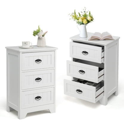 3-Drawer Vintage Bedside Table with Metal Handles &amp;amp;amp; Anti-toppling Device-White