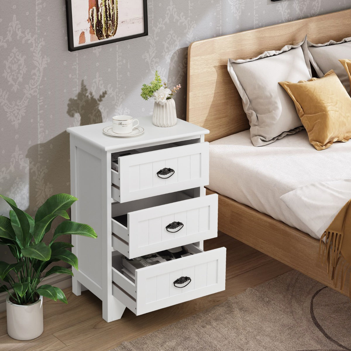 3-Drawer Vintage Bedside Table with Metal Handles &amp;amp;amp; Anti-toppling Device-White