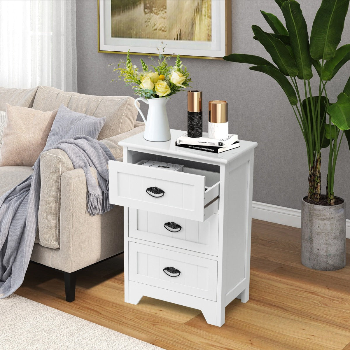 3-Drawer Vintage Bedside Table with Metal Handles &amp;amp;amp; Anti-toppling Device-White