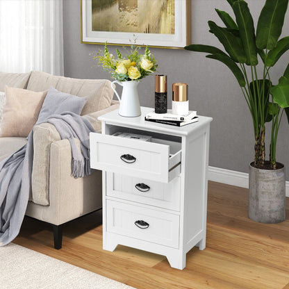 3-Drawer Vintage Bedside Table with Metal Handles &amp;amp;amp; Anti-toppling Device-White