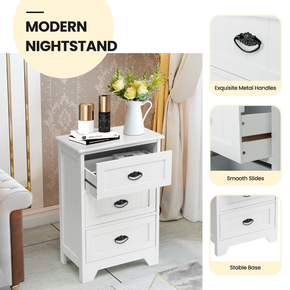 3-Drawer Vintage Bedside Table with Metal Handles &amp;amp;amp; Anti-toppling Device-White
