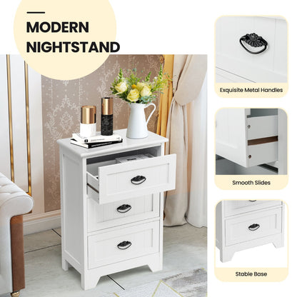 3-Drawer Vintage Bedside Table with Metal Handles &amp;amp;amp; Anti-toppling Device-White