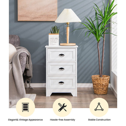 3-Drawer Vintage Bedside Table with Metal Handles &amp;amp;amp; Anti-toppling Device-White