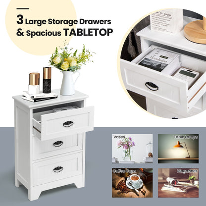 3-Drawer Vintage Bedside Table with Metal Handles &amp;amp;amp; Anti-toppling Device-White