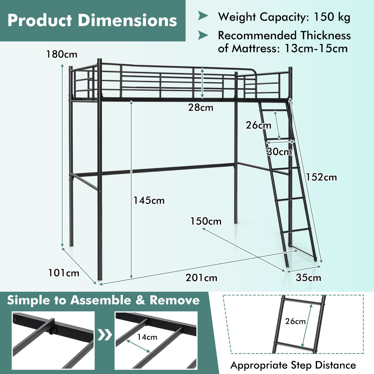 Black or white steel loft bed with spacious 145 cm under-bed area for rooms with limited floor space