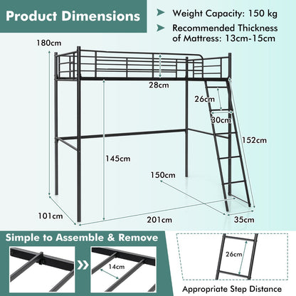 Black or white steel loft bed with spacious 145 cm under-bed area for rooms with limited floor space