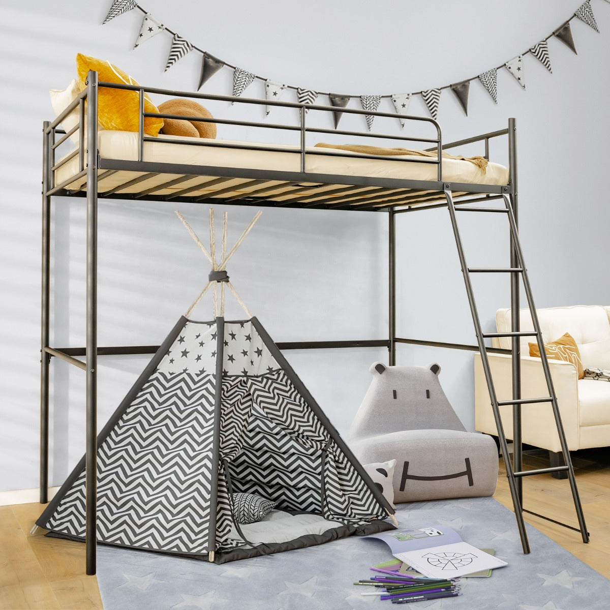 Space-saving loft bed suits kids rooms, apartments, dormitories and compact bedrooms