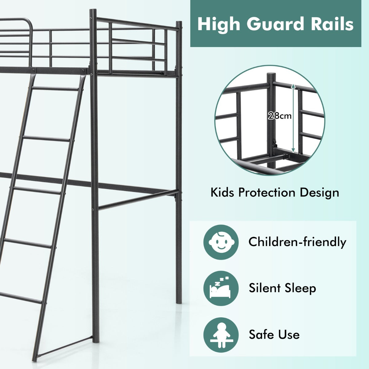 Loft bed requires wall fixing for stability and fits mattresses approximately 13 to 15 cm thick
