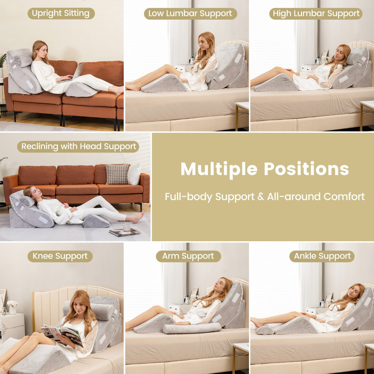 Convertible wedge pillows elevate the head, back, legs, knees, or ankles for customized comfort