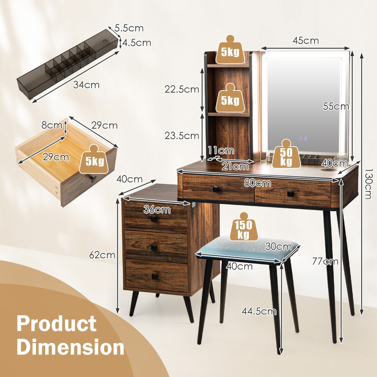 Multifunctional Vanity Table with 3-in-1 Charging Station for Bedroom-Coffee