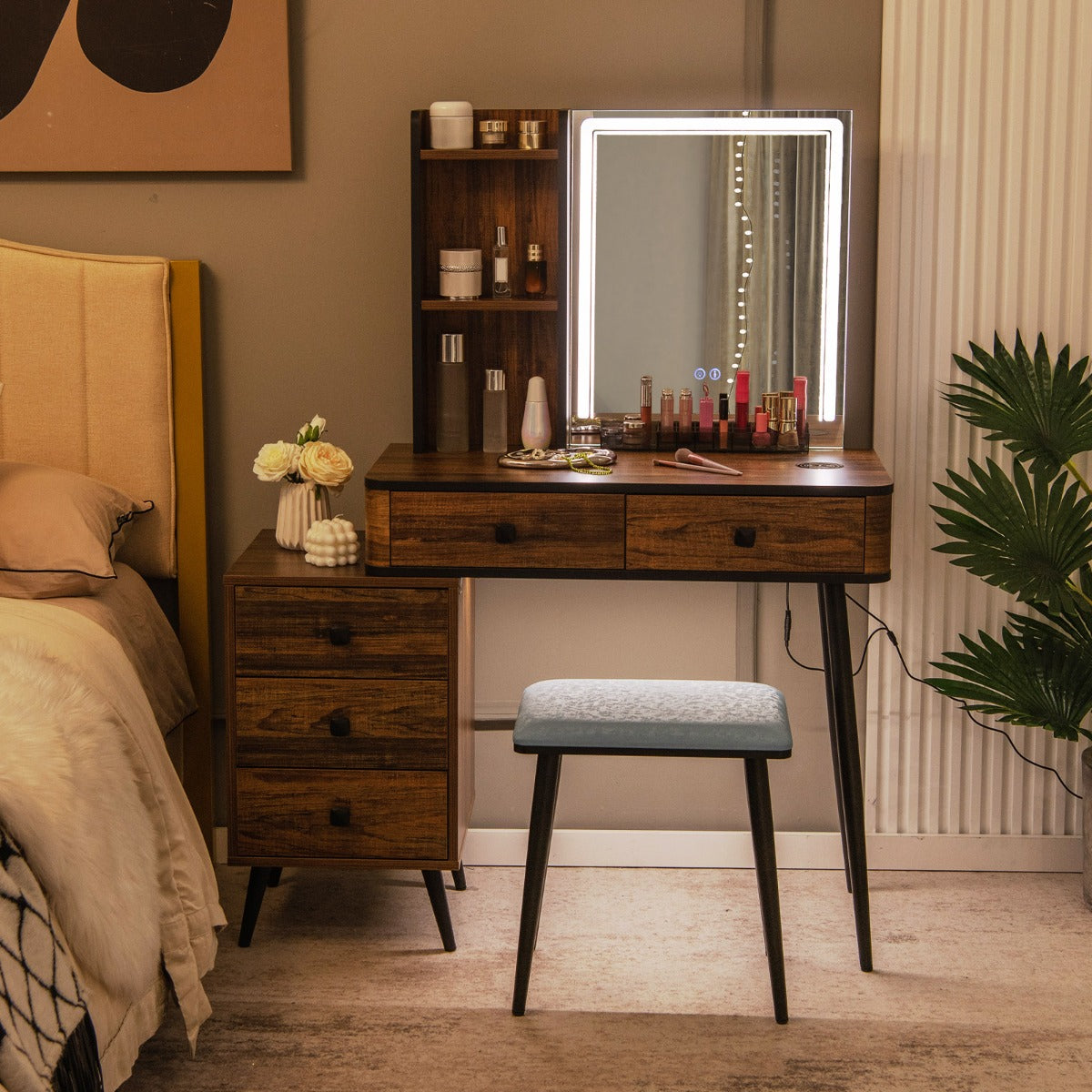 Multifunctional Vanity Table with 3-in-1 Charging Station for Bedroom-Coffee
