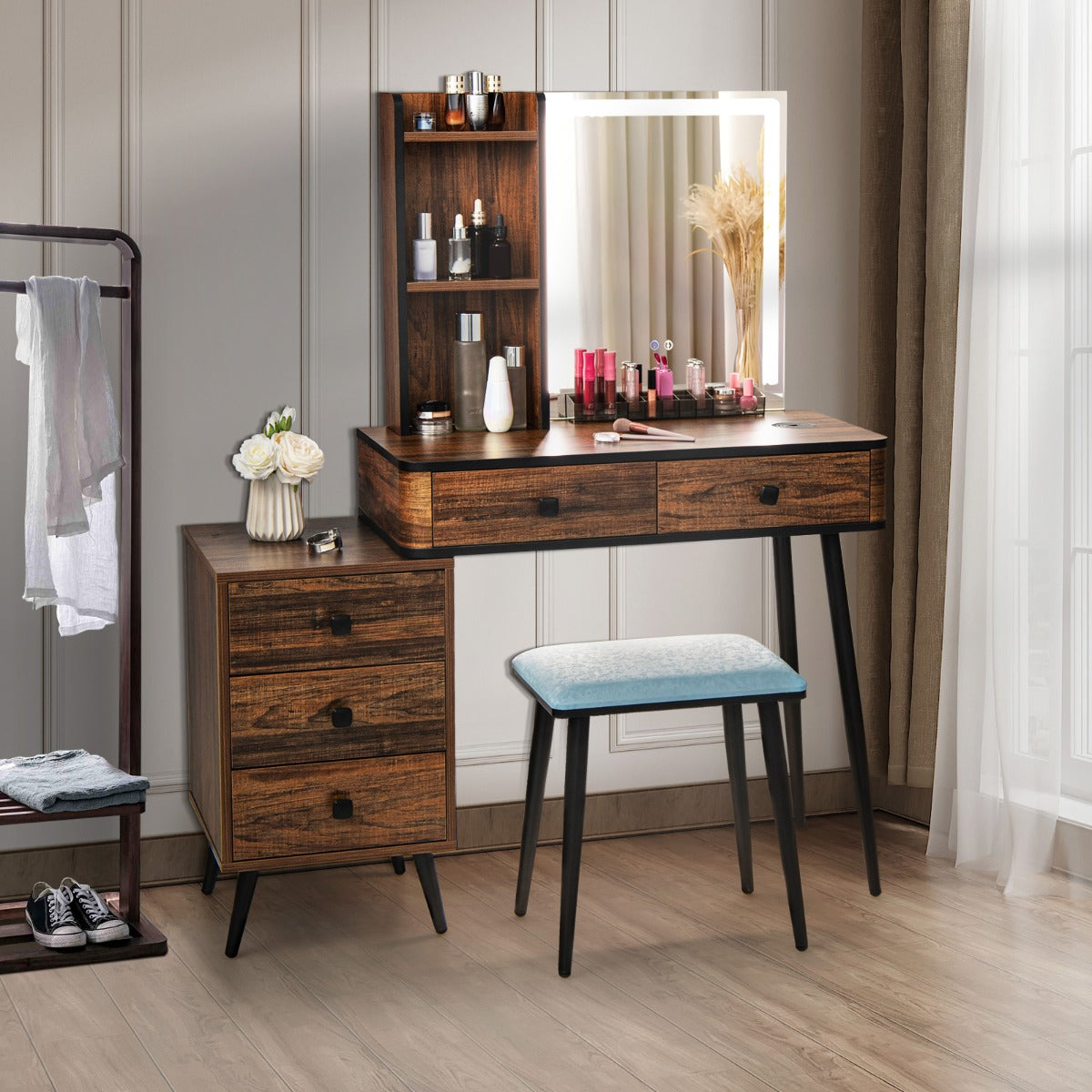 Multifunctional Vanity Table with 3-in-1 Charging Station for Bedroom-Coffee