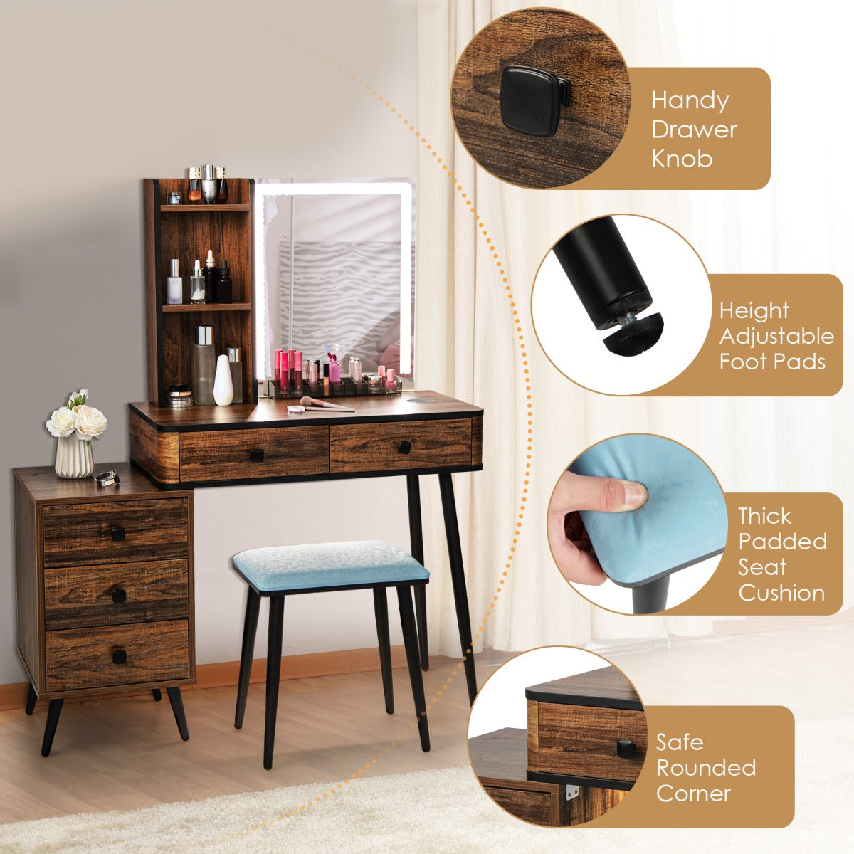 Multifunctional Vanity Table with 3-in-1 Charging Station for Bedroom-Coffee