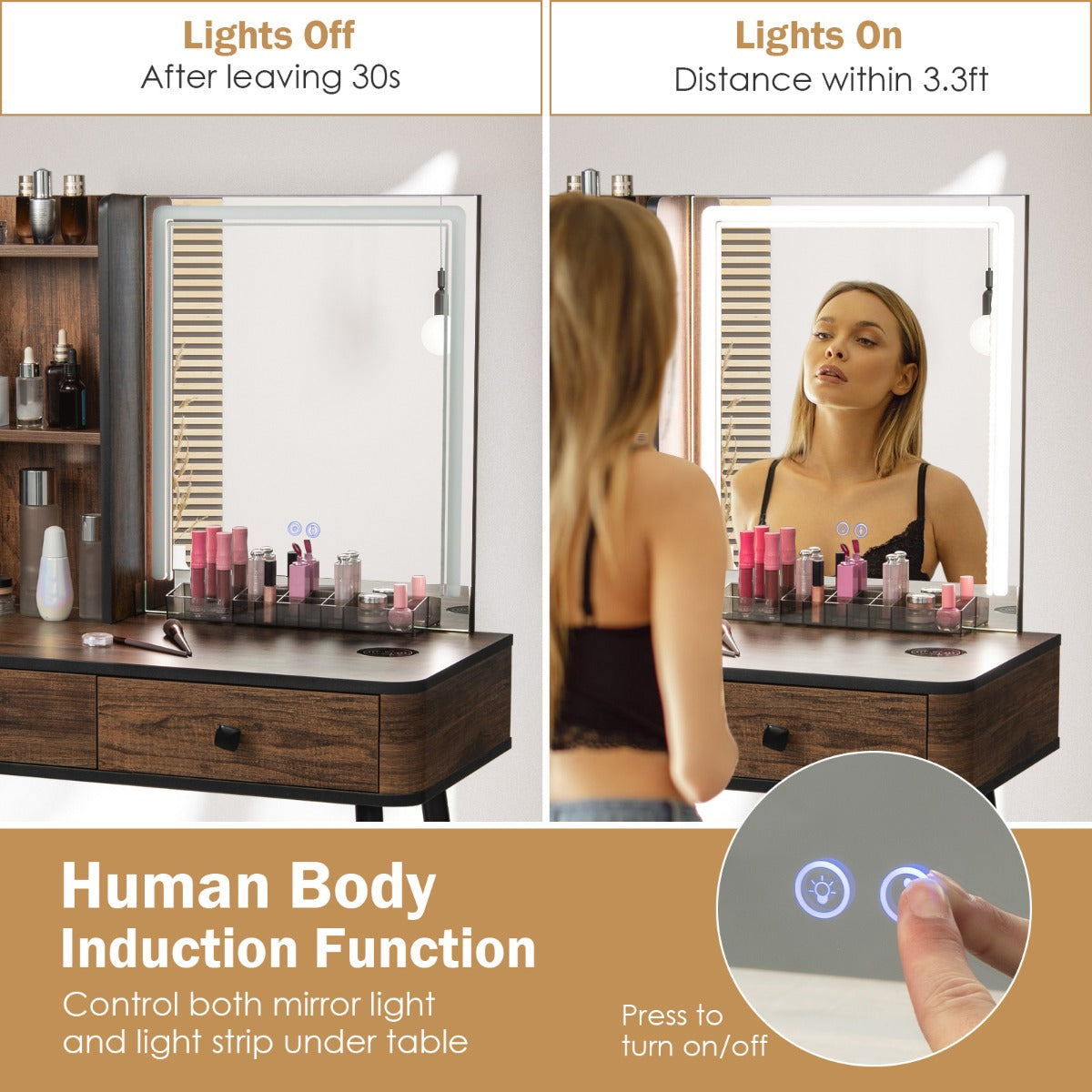 Multifunctional Vanity Table with 3-in-1 Charging Station for Bedroom-Coffee