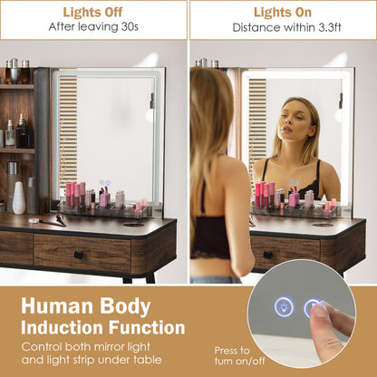 Multifunctional Vanity Table with 3-in-1 Charging Station for Bedroom-Coffee