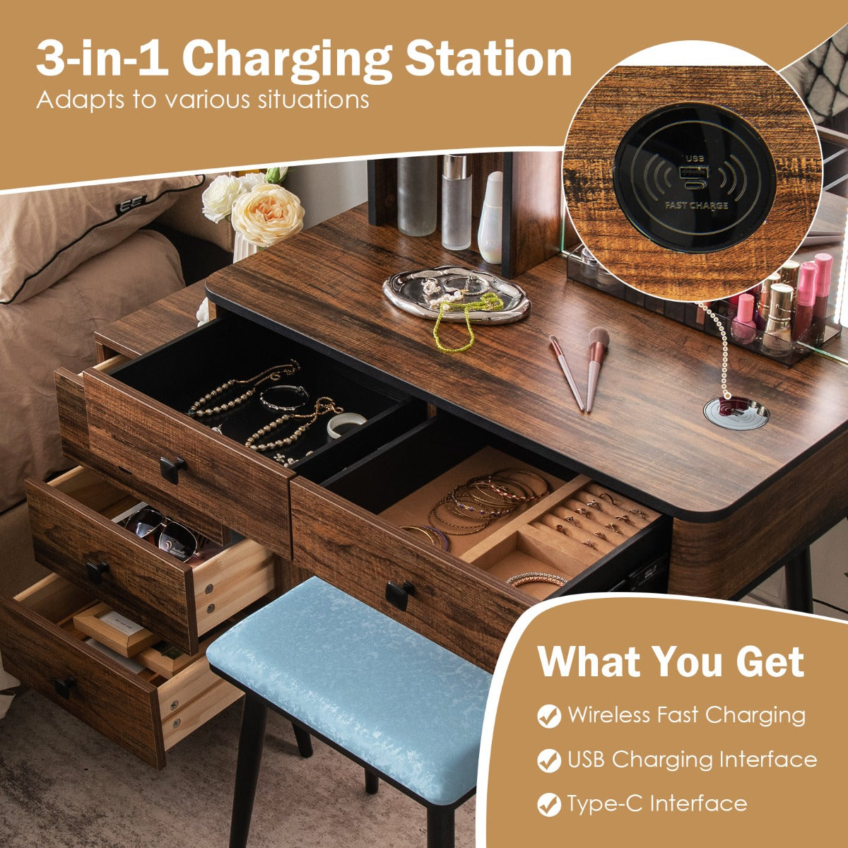 Multifunctional Vanity Table with 3-in-1 Charging Station for Bedroom-Coffee