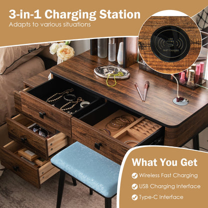 Multifunctional Vanity Table with 3-in-1 Charging Station for Bedroom-Coffee