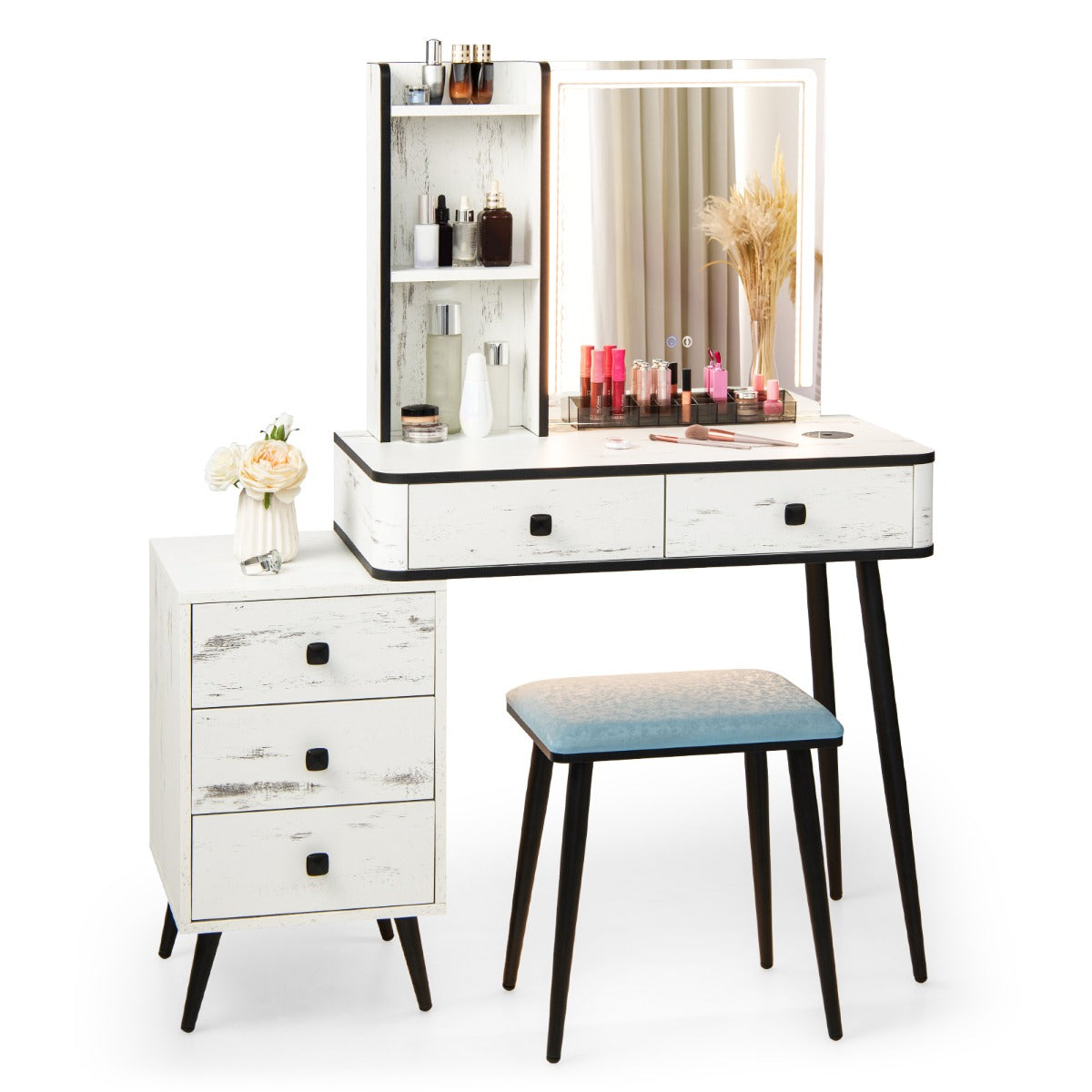 Multifunctional Vanity Table with 3-in-1 Charging Station for Bedroom-White