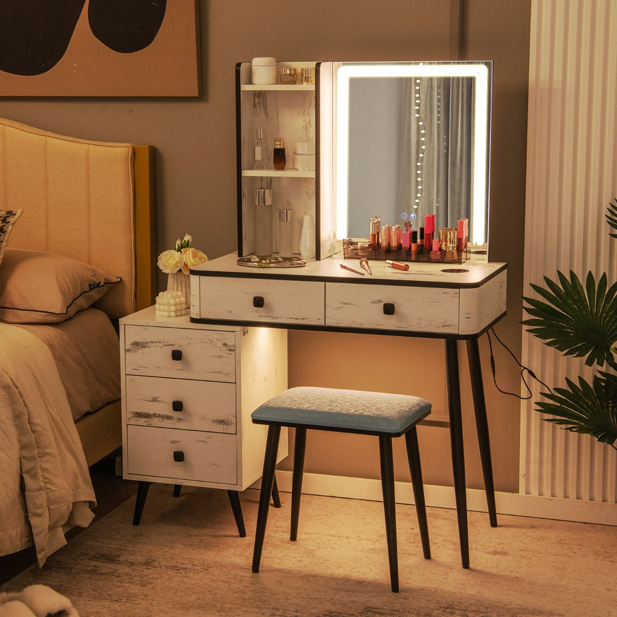 Multifunctional Vanity Table with 3-in-1 Charging Station for Bedroom-White