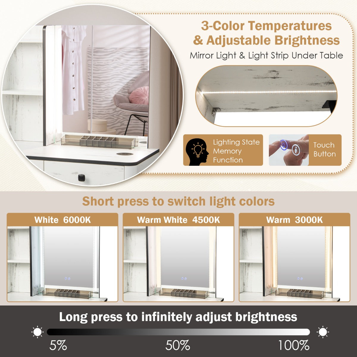 Multifunctional Vanity Table with 3-in-1 Charging Station for Bedroom-White