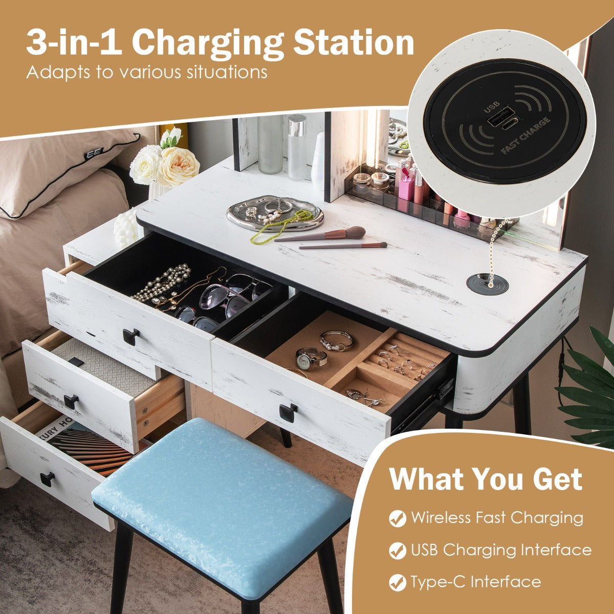 Multifunctional Vanity Table with 3-in-1 Charging Station for Bedroom-White