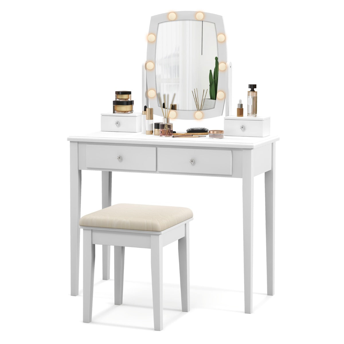 Costway Makeup Vanity Desk with 3-Color Dimmable LED Lights-White
