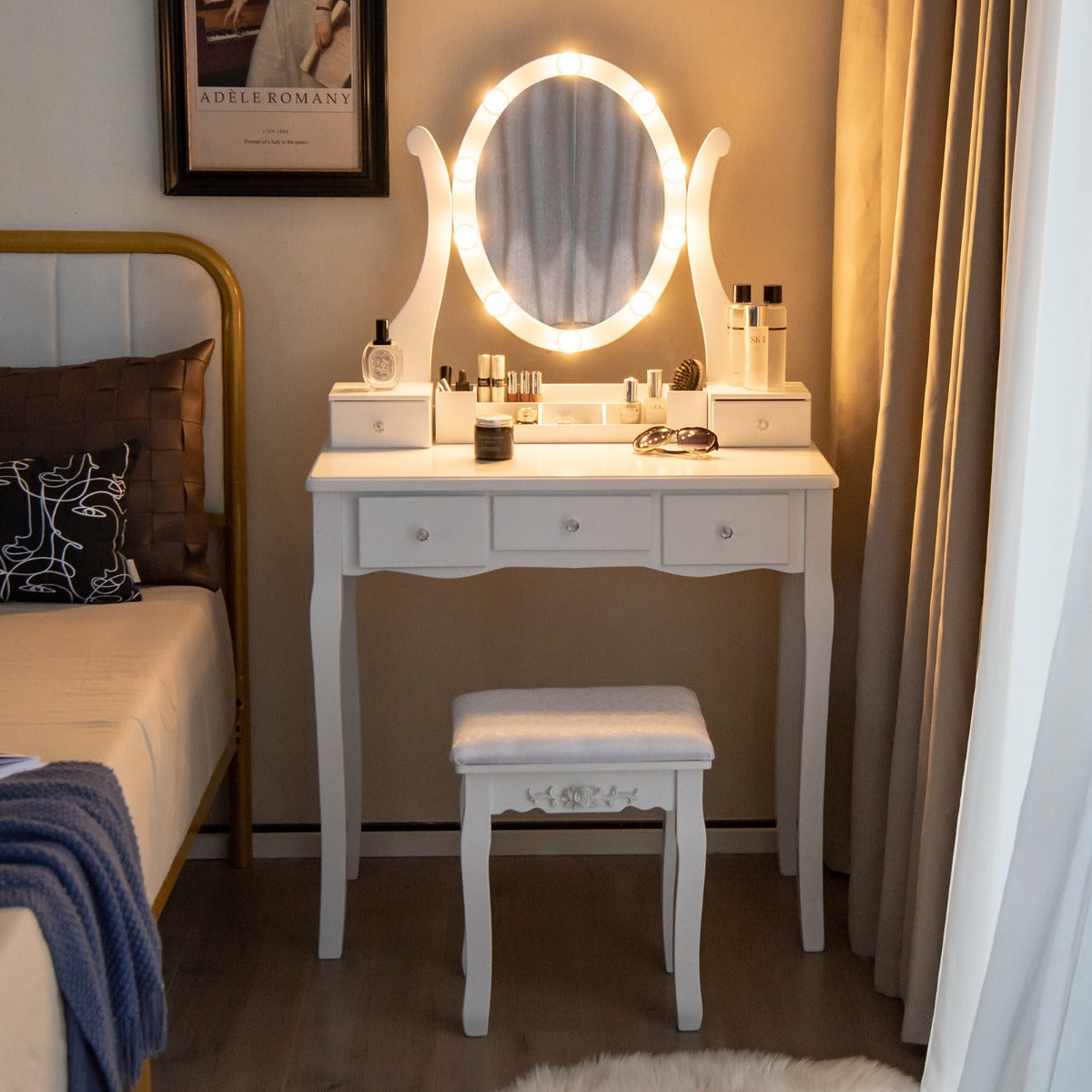 Detachable mirror stand allows this elegant vanity table to convert into a practical writing desk