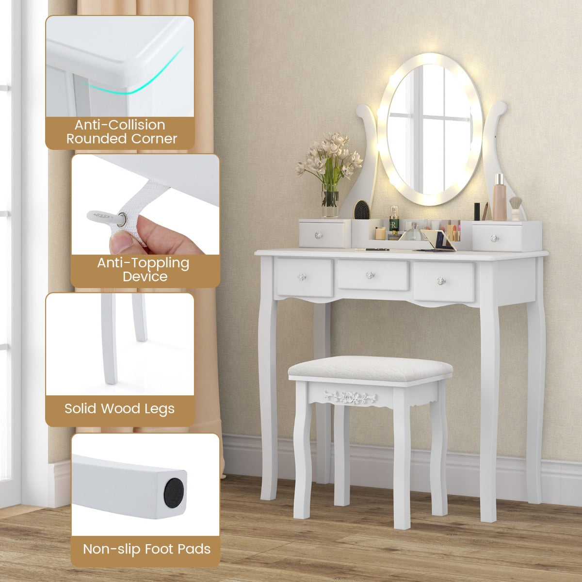 360-degree rotating mirror lets you find the ideal viewing angle while applying makeup