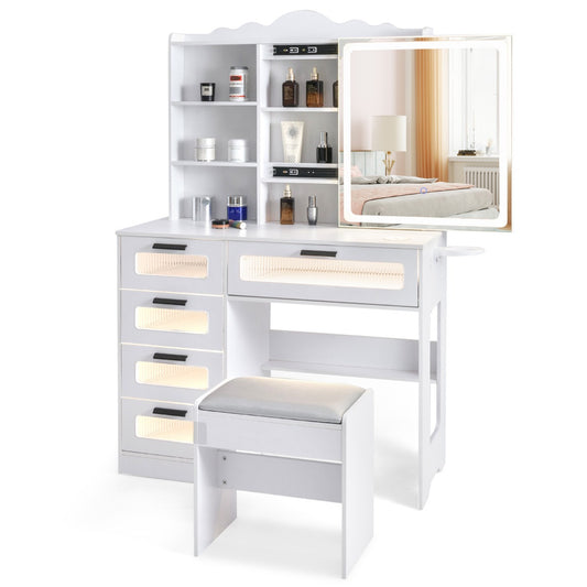 Costway Makeup Vanity Desk with Mirror and Lights  with Charging Station and 3-Color LED Lights-White