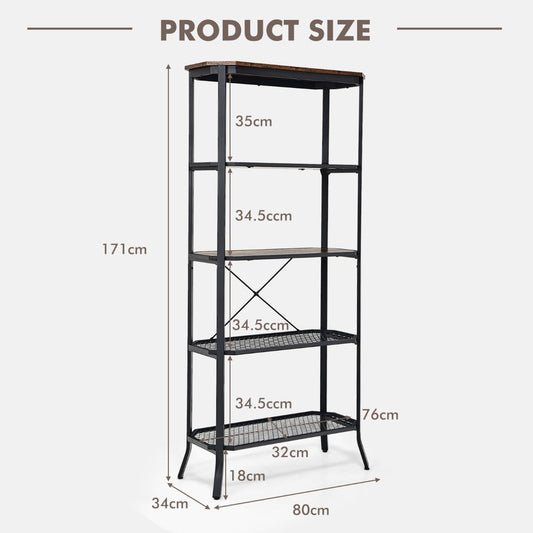 Rustic brown and black five-tier industrial bookshelf with engineered wood shelves and steel frame