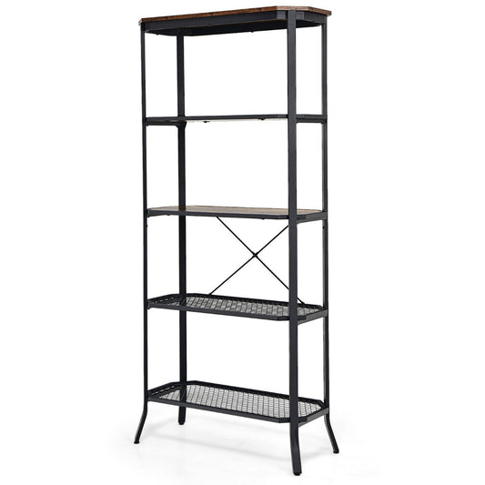 Open five-tier bookcase provides vertical storage for books, decorations, plants, and daily supplies
