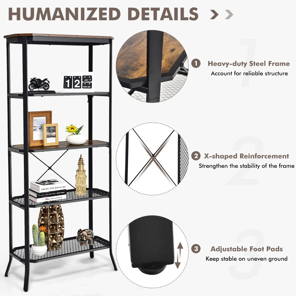 Costway 5-tier Bookshelf with Steel Frame for Living Room