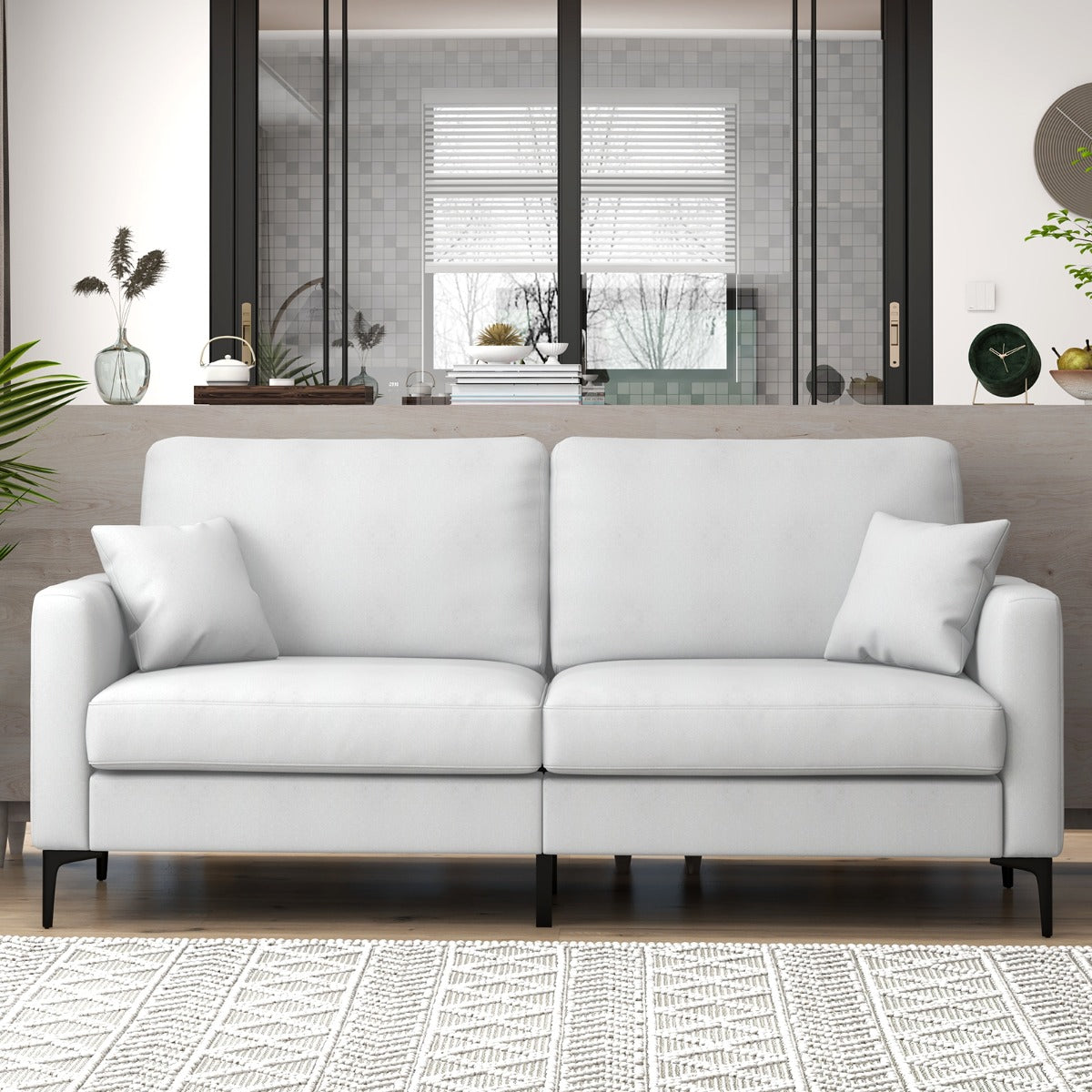 2-seat Modern Home Sofa Couch with Armrest & Pillows for Living Room