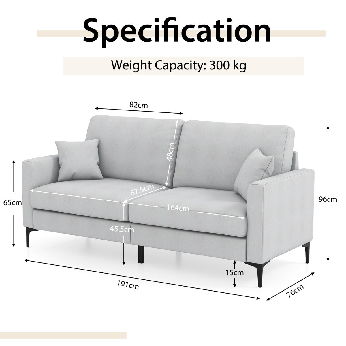 2-seat Modern Home Sofa Couch with Armrest & Pillows for Living Room