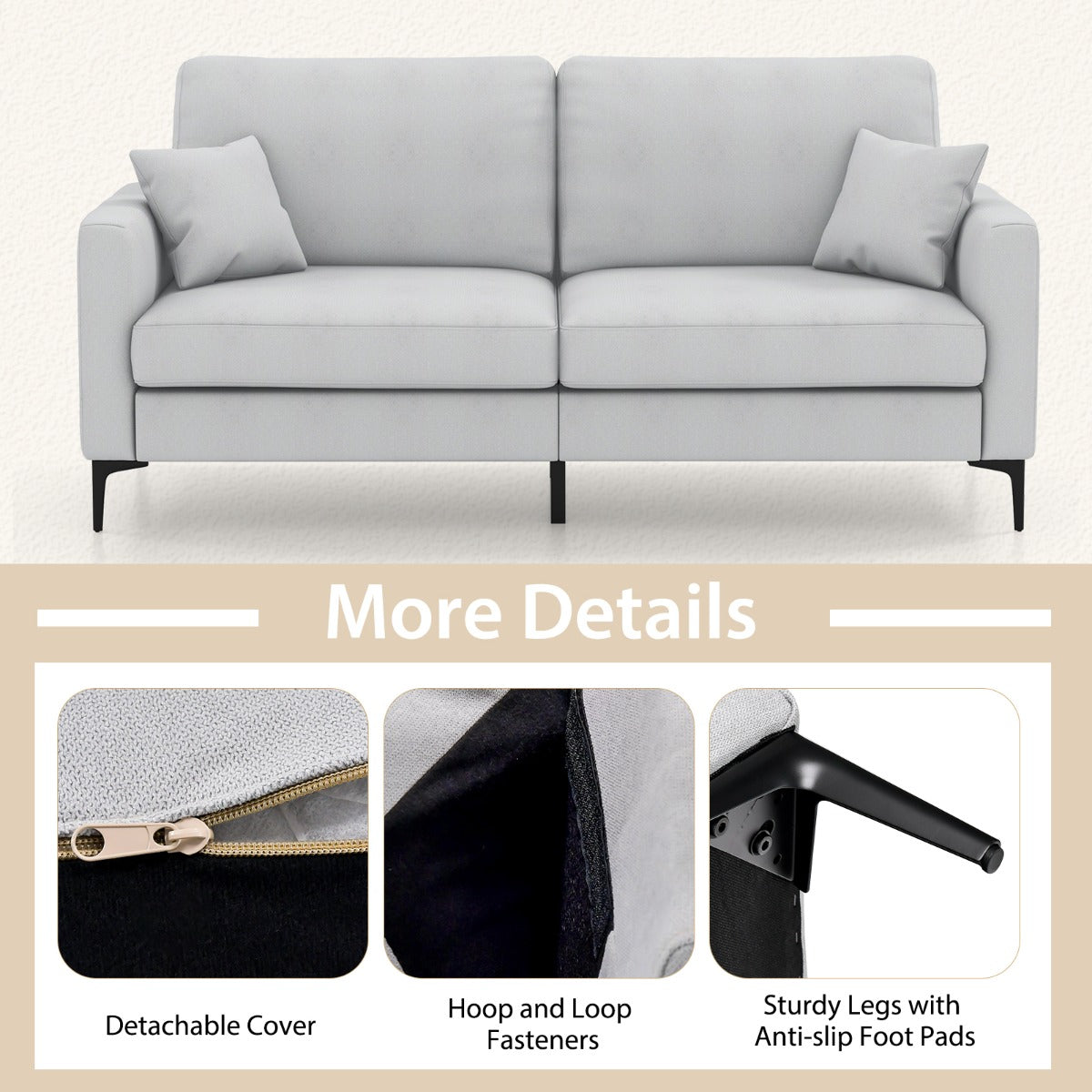 2-seat Modern Home Sofa Couch with Armrest & Pillows for Living Room