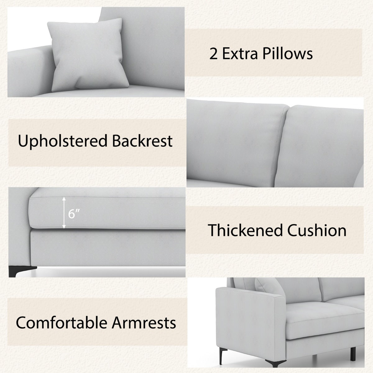 2-seat Modern Home Sofa Couch with Armrest & Pillows for Living Room