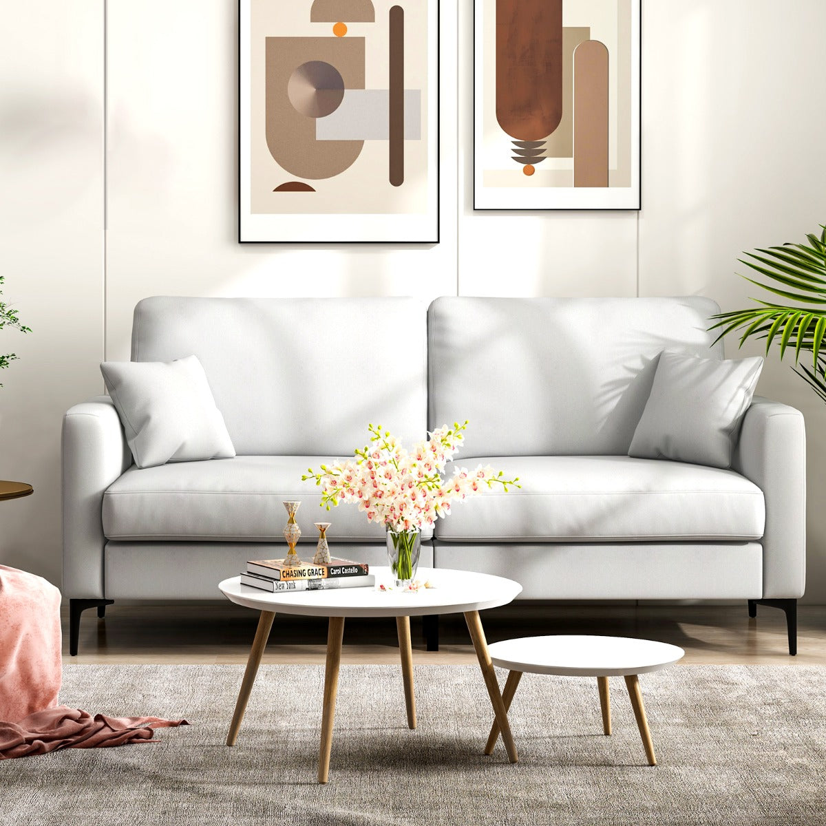 2-seat Modern Home Sofa Couch with Armrest & Pillows for Living Room