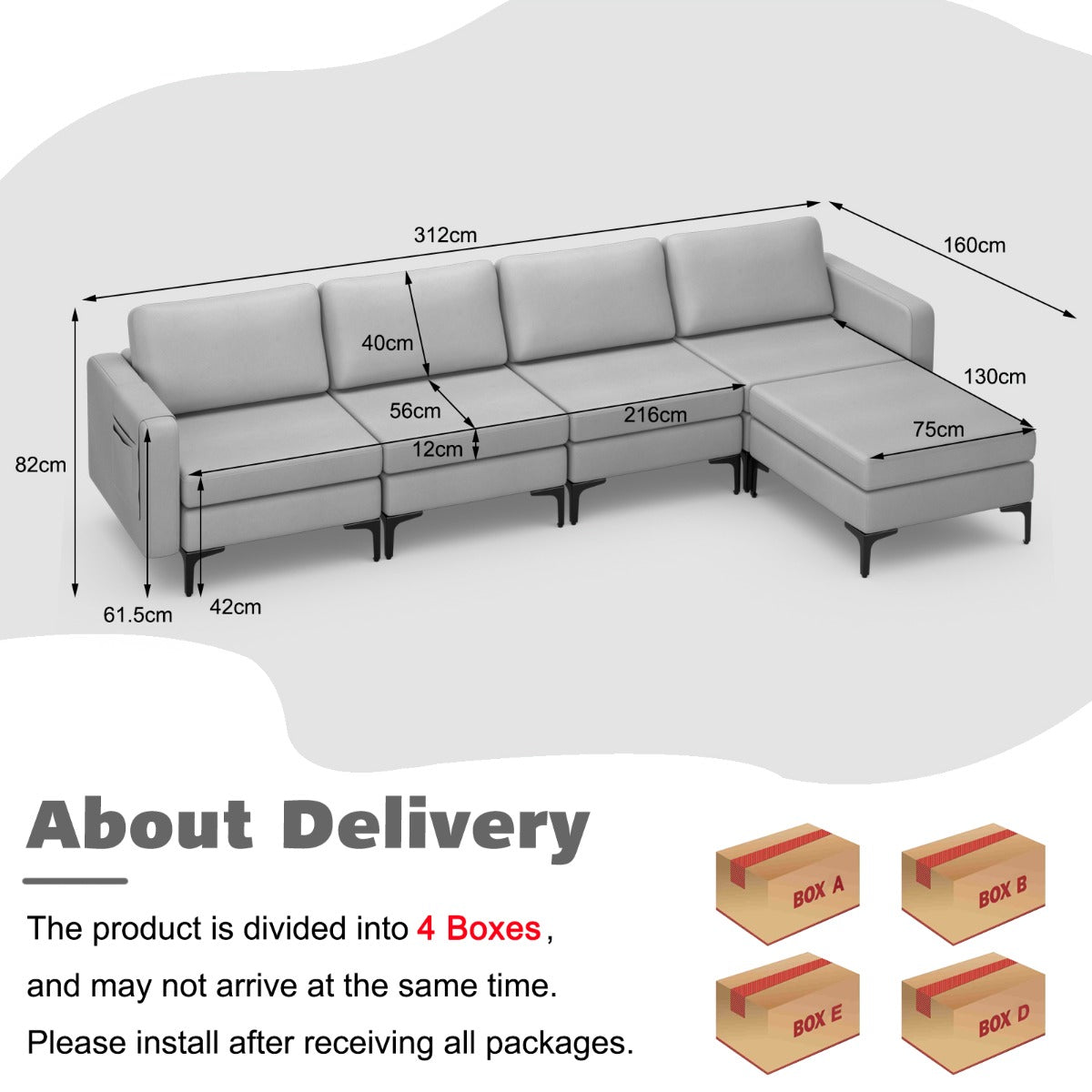 Sectional Sofa Couch with Reversible Ottoman for Living Room