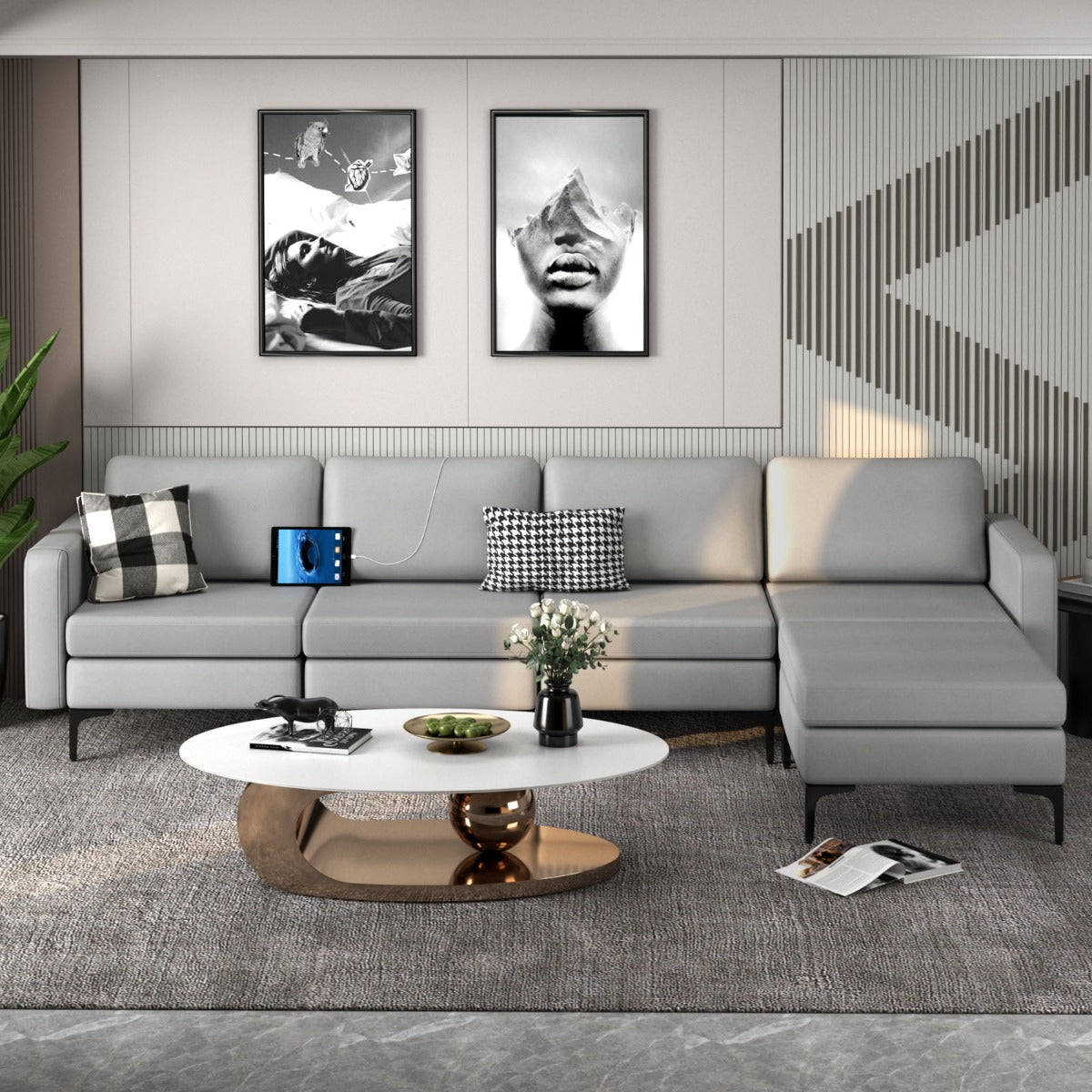 Sectional Sofa Couch with Reversible Ottoman for Living Room