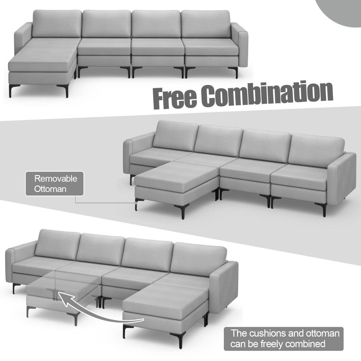 Sectional Sofa Couch with Reversible Ottoman for Living Room